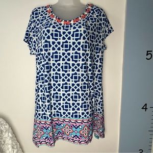 Ruby Rd. Blue White Beaded Blouse‎ Women's Large.